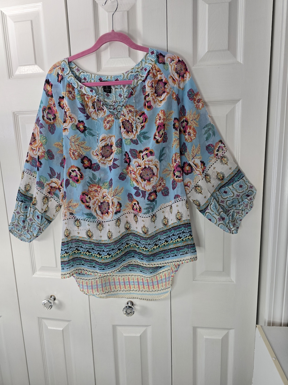 new directions Light Blue Floral Border Print Peasant Blouse